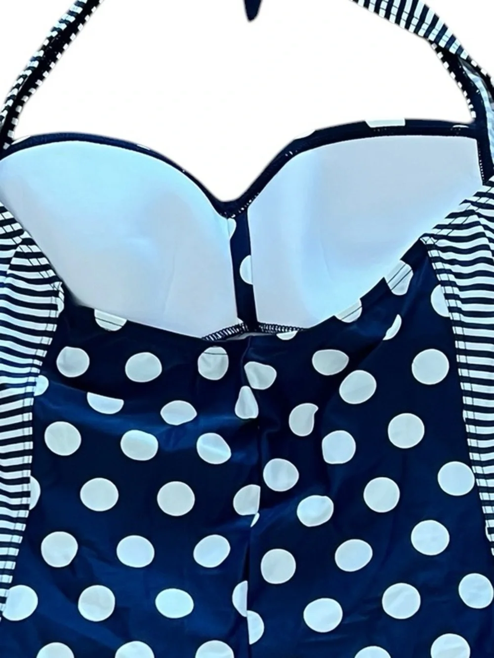 New Navy Blue & White Polka Dot Striped Shirred Ruched Retro One Piece Swimsuit